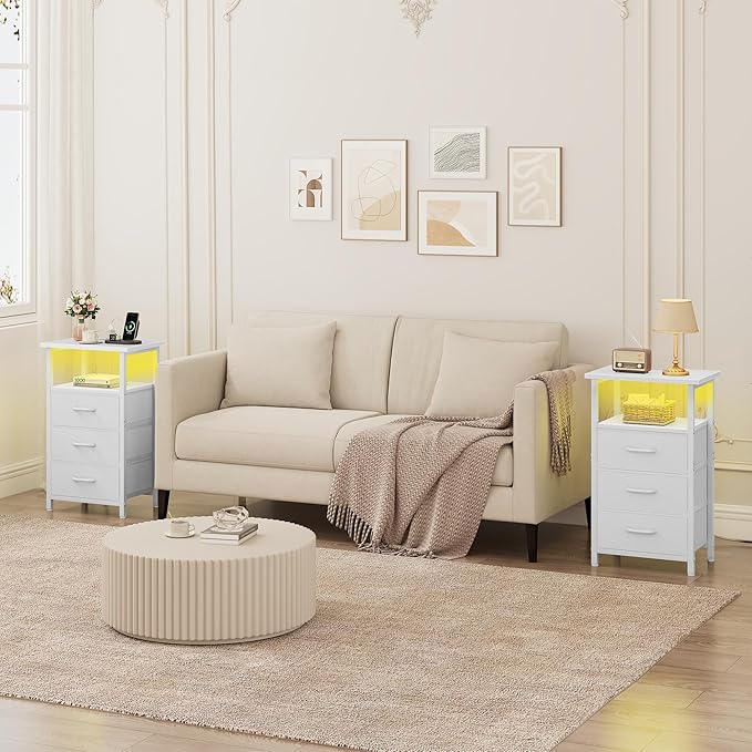 Vagusicc Night stand Set 2 with Charging Station, LED Nightstand for Bedroom, White Bedside Table with 3 Fabric Drawer, End Table Side Table with USB Ports & Outlets, Bed Side Table for Bedroom, White