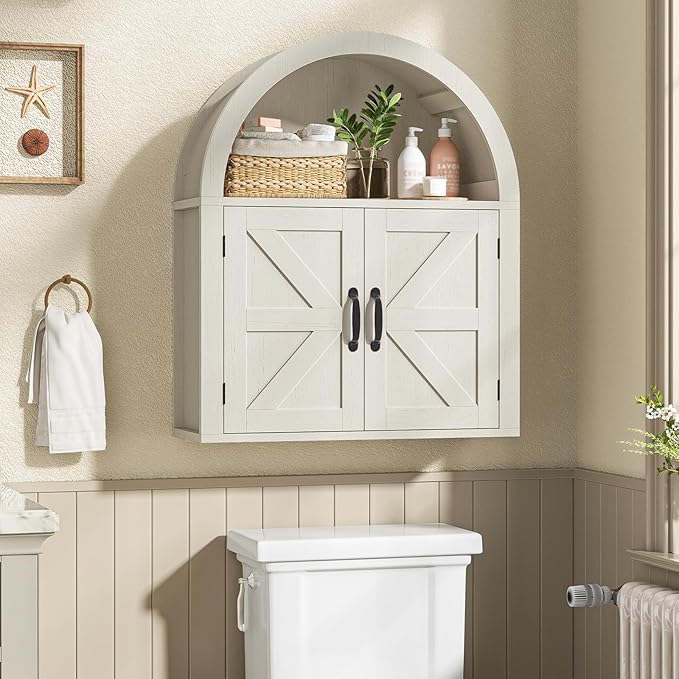 Arched Bathroom Wall Cabinet, Farmhouse Medicine Cabinet with Barn Door and with Adjustable Shelf, 23.6 x 28.7'' Wooden Storage Cabinet Wall Mounted for Bathroom Laundry Room Kitchen, Rustic White