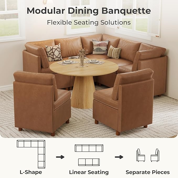 SITJOY Breakfast Nook Bench with Storage, Modular Corner Kitchen Banquette Seating, Dining Settee Couch, Upholstered Dining Bench with Back, Pet-Friendly Faux Leather in Brown, 7-Seat L Shaped Booth