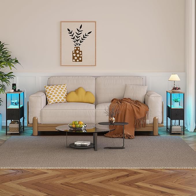 TUTOTAK Small Narrow LED End Table with Charging Station, Side Table Outlets, Nightstand with Cloth Drawer, Set of 2, Couch Table, for Living Room, Bedroom, Bedside, Greige TB01BG059