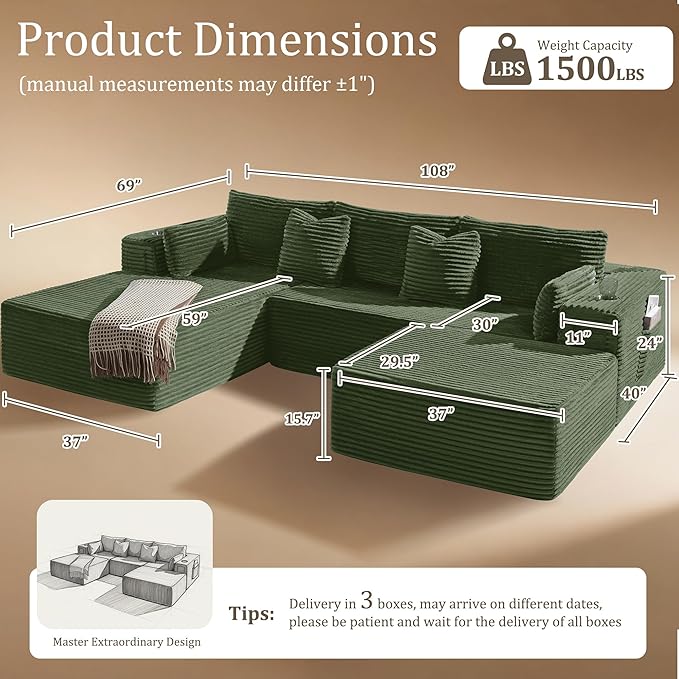 Oversized 108" Cloud Sectional Couch, Comfort U Shaped Boneless Couch for Living Room, Extra Deep Seats No Assembly, Modular Sofa, Corduroy (Olive Green, 2 Seater+Left Facing Chaise+Ottoman)