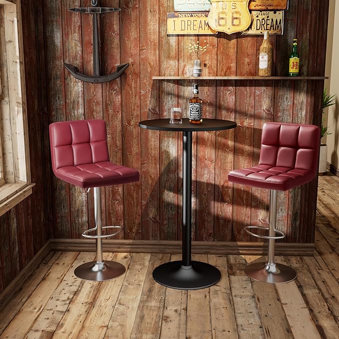Homall Bar Stools Modern PU Leather Adjustable Swivel Barstools, Armless Hydraulic Kitchen Counter Bar Stool Extra Height Square Island Barstool with Back Set of 2 (Wine Red)