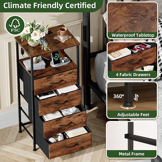 Somdot Tall Nightstand with Charging Station and LED Light for Bedroom, 4 Drawers Dresser with Fabric Bins for Bedside Kids Dorm Room Closet Laundry Entryway, Wood Grain Print