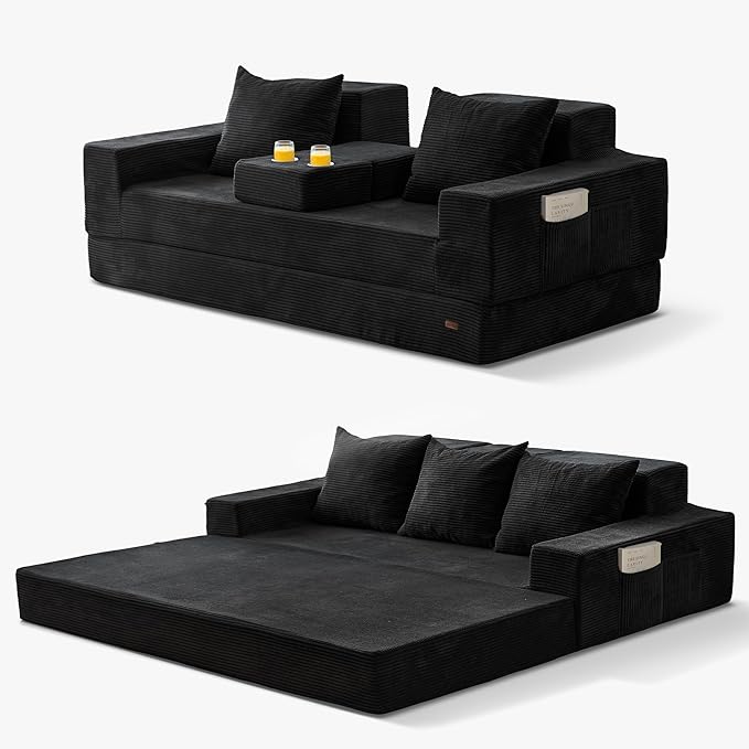 MAXYOYO Convertible Sofa Bed, 80" Oversized Boneless Loveseat Couch 4 in 1 Foldable Floor Sofa Couch in A Box with 2 Cup Holders, Folding Sleeper Chair for Living Room, No Assembly Required, Black