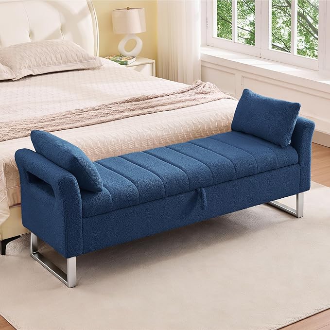 66'' End of Bed Bench with Storage for Bedroom King Size, Long Bedroom Benches for Foot of Bed King, Teddy Storage Bed Bench with Armrest & 2 Pillows for Entryway, Navy Blue