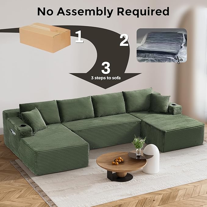 133" Oversized Cloud Boneless Sofa Couch with Chaise, Modern Corduroy U Shaped Modular Sectional Sofa with Deep Seat, Comfy Couch with Cupholders and Storage, No Assembly Required-Green