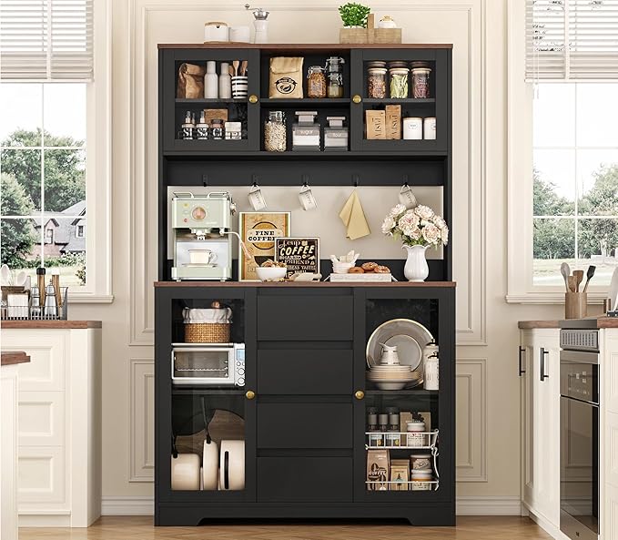 HIFIT 71" Tall Coffee Bar Cabinet with Storage and Large Countertop, Kitchen Hutch with 4 Drawers & 5 Metal Hooks & 4 Doors & Microwave Stand, Black Kitchen Pantry Cabinet for Dining Room