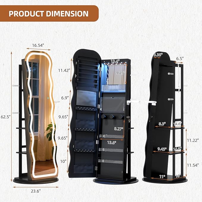 Vlsrka LED Mirror Jewelry Cabinet Standing, 360° Swivel Jewelry Aromire Organizer with Wavy Mirror, Lockable Jewelry Mirror with Storage, Jewelry Cabinet, Interior Mirror, Foldable Shelf (LED Black)