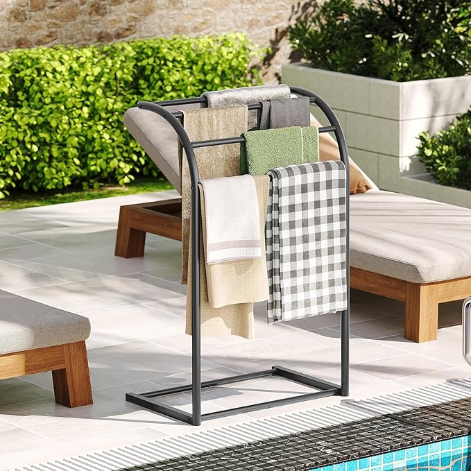 YATINEY Free Standing Towel Rack, 4-Tier Blanket Rack for Bathroom, Pool Towel Stand Display and Drying Rack, Modern Towel Blanket Storage Organizer, Black CJ07BK