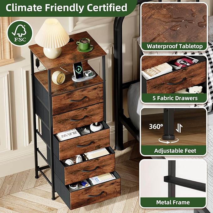 Somdot Tall Nightstand with Charging Station and LED Light for Bedroom, 5 Drawers Dresser with Fabric Bins for Bedside Kids Dorm Room Closet Laundry Entryway, Wood Grain Print