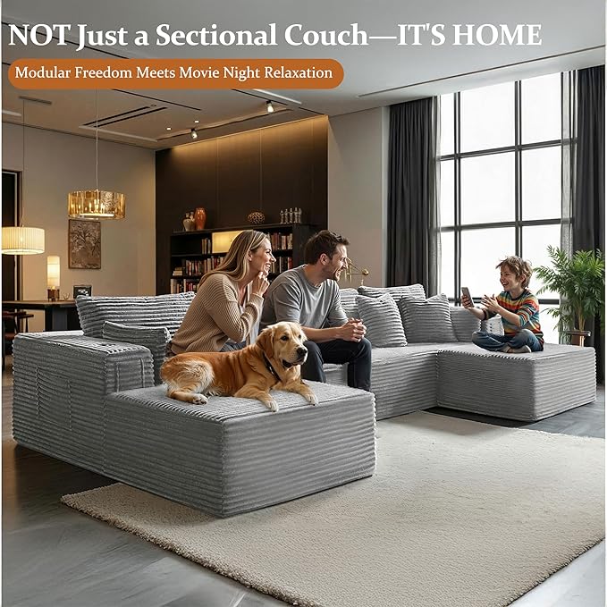 30" Cloud Sectional Couch Single Seat for Living Room, Extra Deep Seats No Assembly, Minimalist Modular Couch, Corduroy (Light Grey, Single seat)