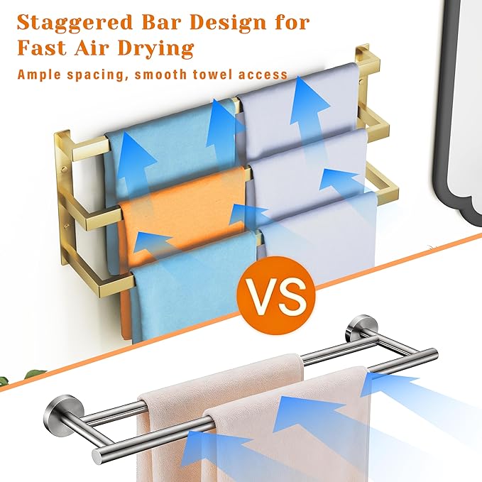 SEIDO 30 Inch 3-Tier Towel Rack, Heavy Duty Square Ladder Design Towel Bar Wall Mounted, Brushed Gold 304 Stainless Steel Rustproof Towel Holder for Bathroom, Kitchen, Laundry