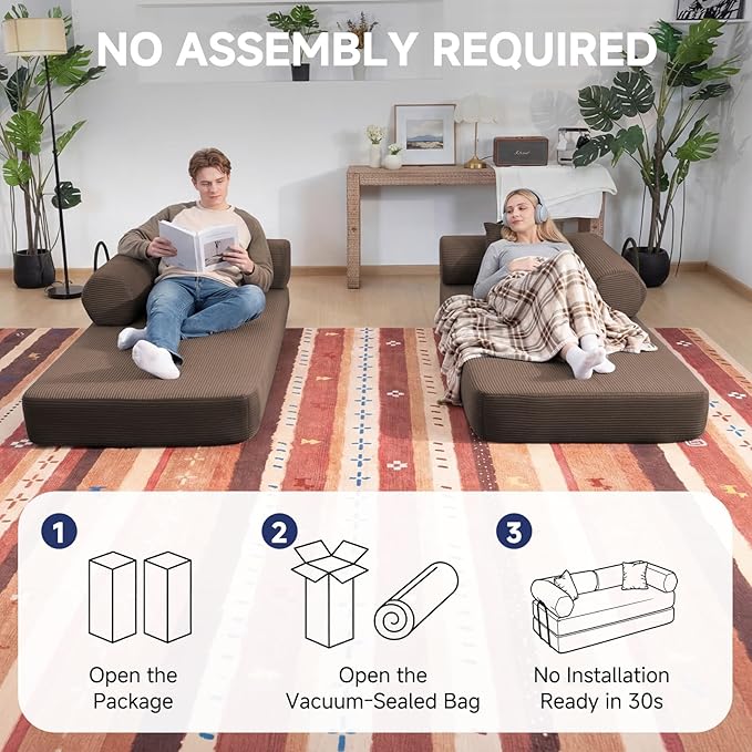 79" Boneless Couches for Living Room, Corduroy Sofa Bed with 2 Pillows,Side Pockets,Hex Arm, 5-in-1 Loveseat Sleeper Sofa for Small Spaces, High-Density Foam Couch, No Assembly, Brown