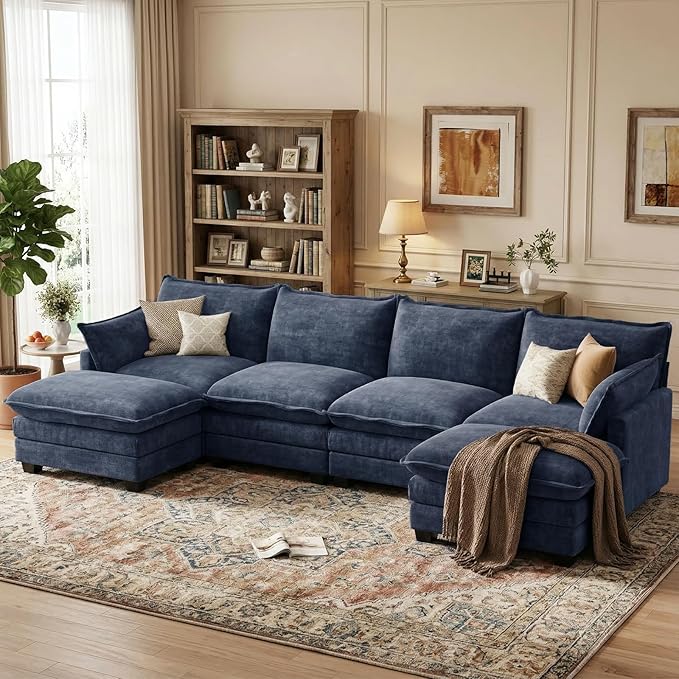 U Shaped Modular Sectional Sofa, Cloud Couch with Movable Ottoman, Comfy Chenille Sofa with Pillows for Living Room, Bedroom, Apartment, Blue