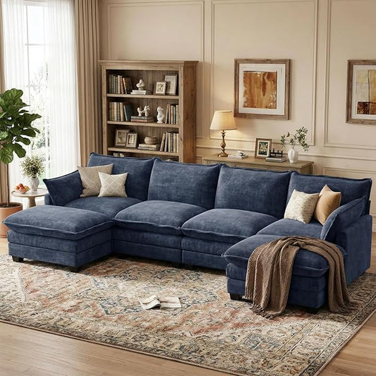 U Shaped Modular Sectional Sofa, Cloud Couch with Movable Ottoman, Comfy Chenille Sofa with Pillows for Living Room, Bedroom, Apartment, Blue