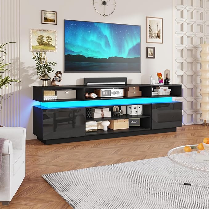 chartustriable LED TV Stand for 95 Inch TV, Modern Tall Entertainment Center with Power Outlets, High Gloss TV Stand, Gaming TV Media Console for Living Room, 83 Inch, Black