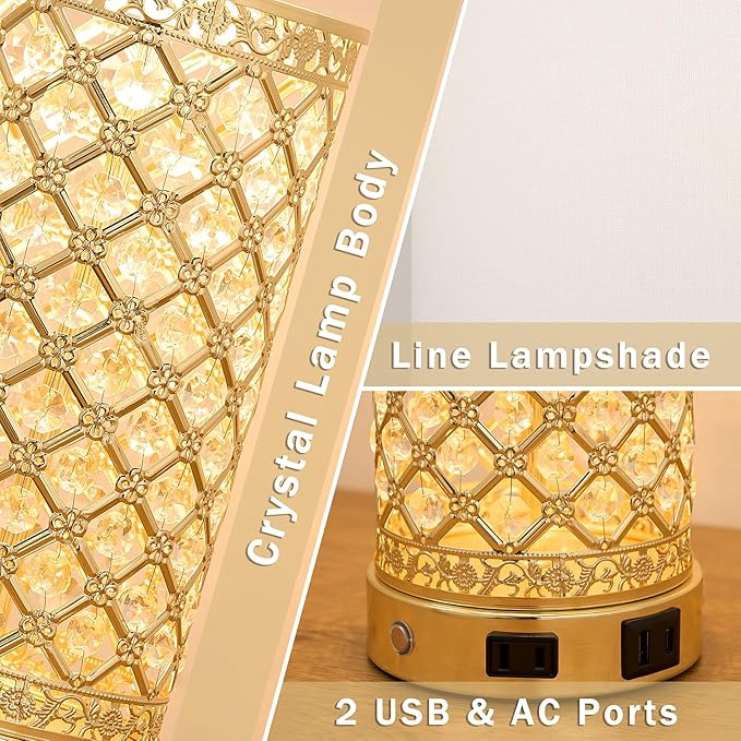 SAIWEYA Crystal Table Lamps Modern 3-Way Dimmable Bedside Lamp with 2 USB Ports & AC Outlets for Living Room Bedroom Nightstand Lamp Night Light (Gold- 1 Pack 24In)