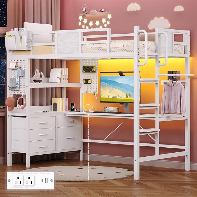 busyaeh Loft Bed with Desk,Twin Loft Bed with Desk & LED Lights and Charging Station,Bunk Bed with Desk & 5 Large Drawer Cabinets and 2 Open Shelves,Loft Bed Twin Size with Safety Guard Ladder,White