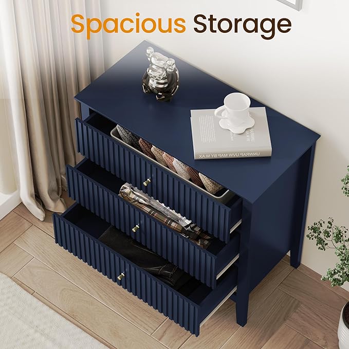 RoyalCraft 32" Large Nightstand, Fluted Painted Bedside Table with 3 Spacious Drawers, Modern Tall End Table for Bedroom, Blue