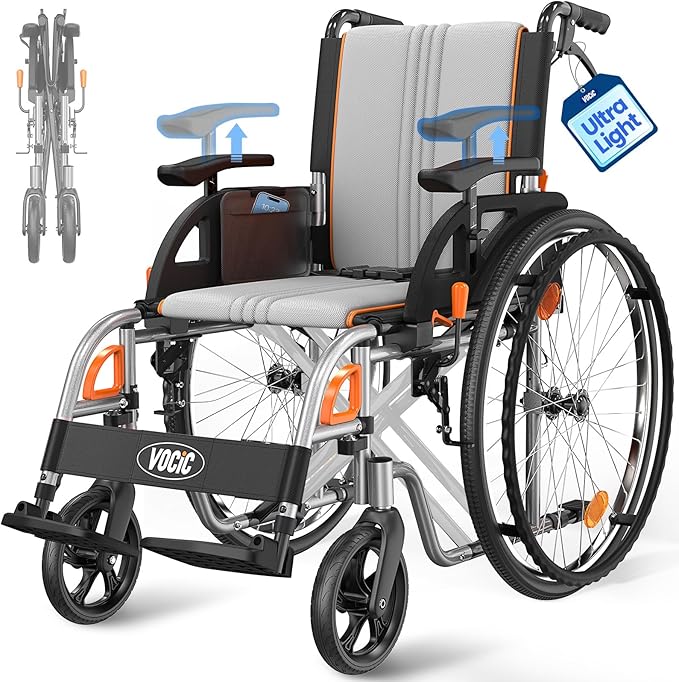 VOCIC Ultra Lightweight Wheelchair for Adults, 23lb Frame Portable Foldable Self-Propelled Wheelchairs for Seniors with Quick Release Wheels, Swing-Away Footrests,Flip-Back Arm, 300 lbs Gray