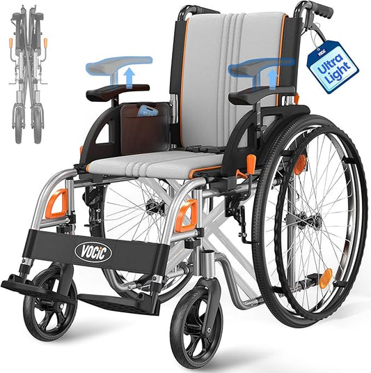 VOCIC Ultra Lightweight Wheelchair for Adults, 23lb Frame Portable Foldable Self-Propelled Wheelchairs for Seniors with Quick Release Wheels, Swing-Away Footrests,Flip-Back Arm, 300 lbs Gray