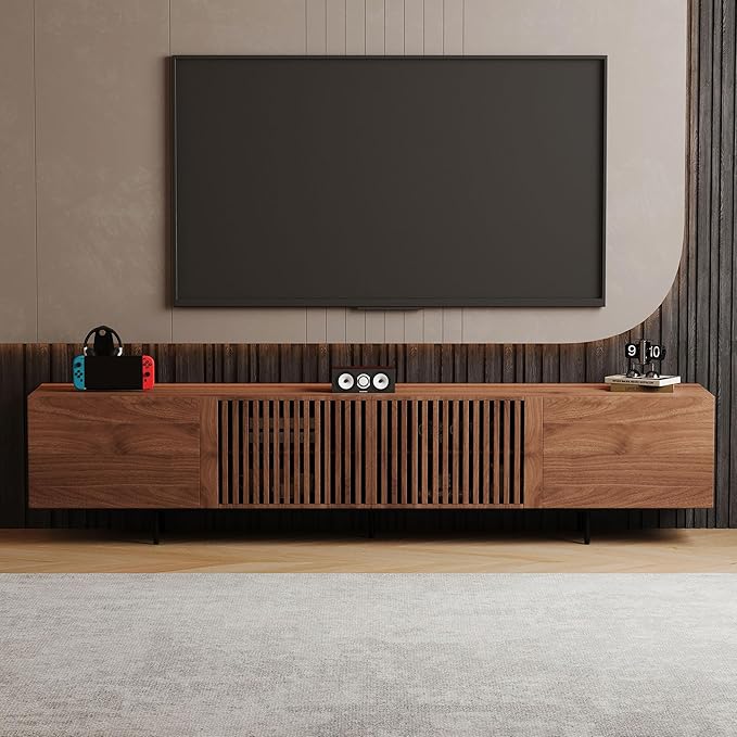 94.48" Mid-Century Modern TV Stand, Walnut Media Console with 4 Storage Cabinets, Entertainment Center for TVs up to 100 Inches, Ideal for Living Room or Bedroom