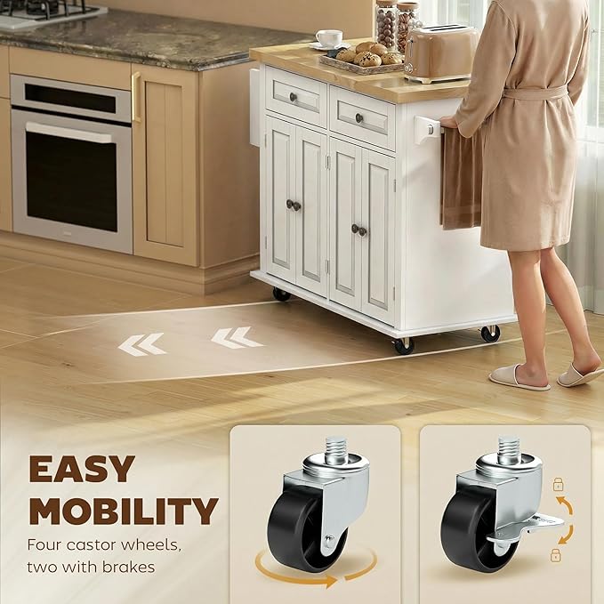 HOMCOM Kitchen Island Cart with Solid Wood Top, 44" Mobile Kitchen Island Table on Wheels with Storage Cabinets, 2 Drawers, Adjustable Shelves, Spice Rack & Towel Bar for Dining Room, White