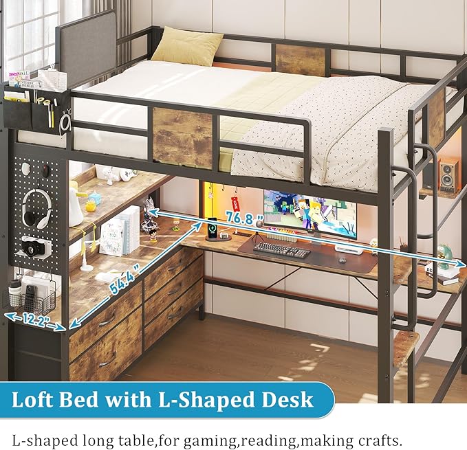 busyaeh Loft Bed with Desk,Loft Bed Full Size with 5 Drawers & 3 Open Shelves and LED Lights,Full Size Loft bed with Charging Station & Thickened Tread Stairs for Adults/Kids/Young Teens,Vintage Brown