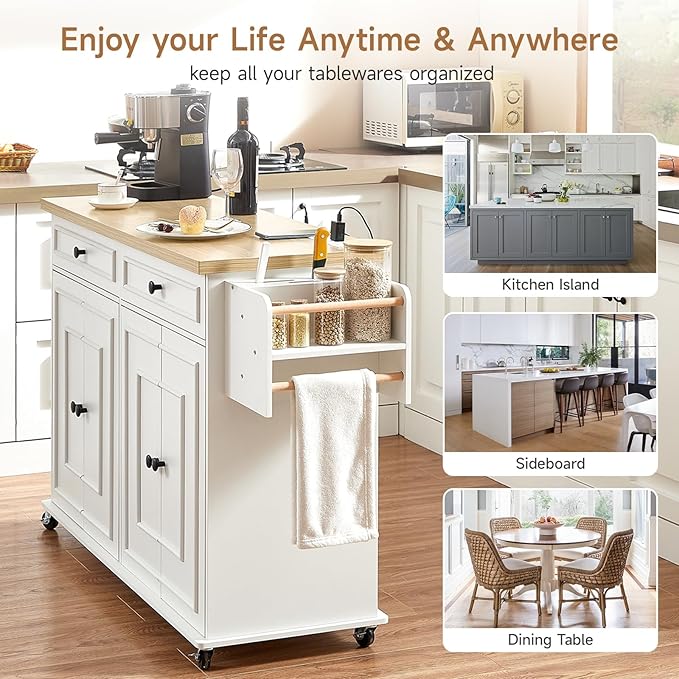 ONBRILL 58" Mobile Kitchen Island, Kitchen Island Cart with Power Outlet, Island Table for Kitchen, Home Bar Carts with Storage, Kitchen Rolling Island with Spice Rack & Towel Rack & Knife Holder