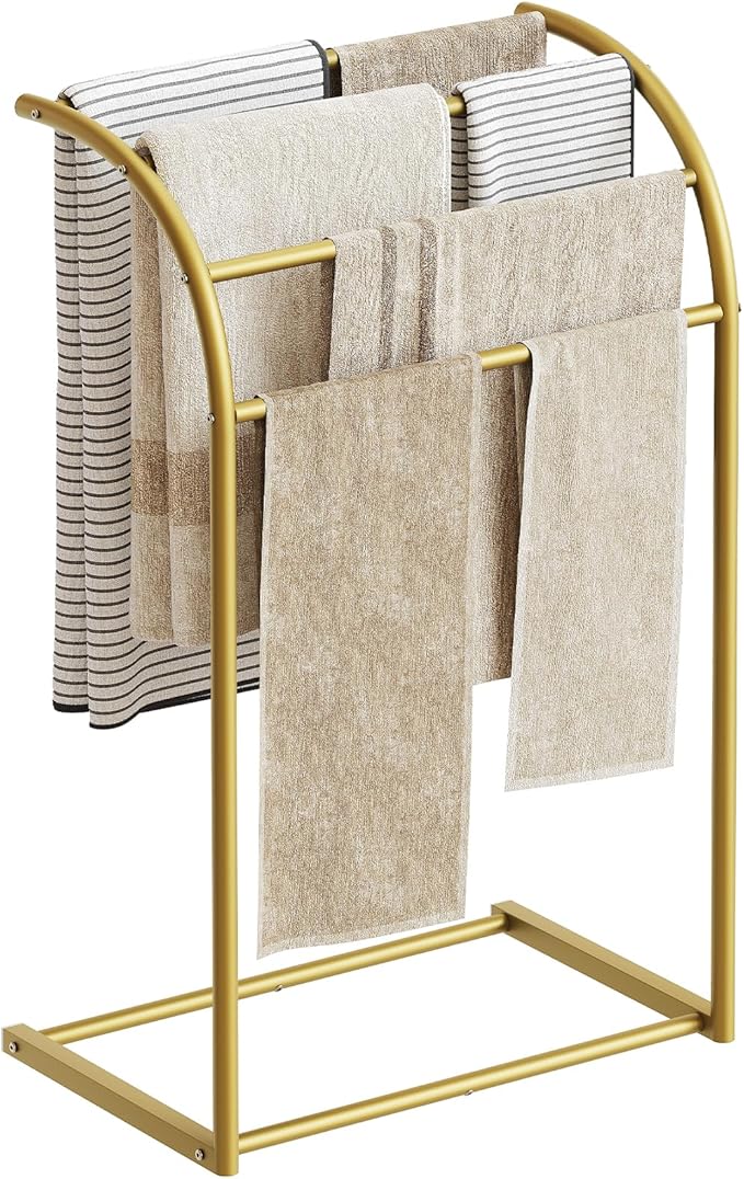 YATINEY Free Standing Towel Rack, 4-Tier Blanket Rack for Bathroom, Pool Towel Stand Display and Drying Rack, Modern Towel Blanket Storage Organizer, Gold CJ07GD