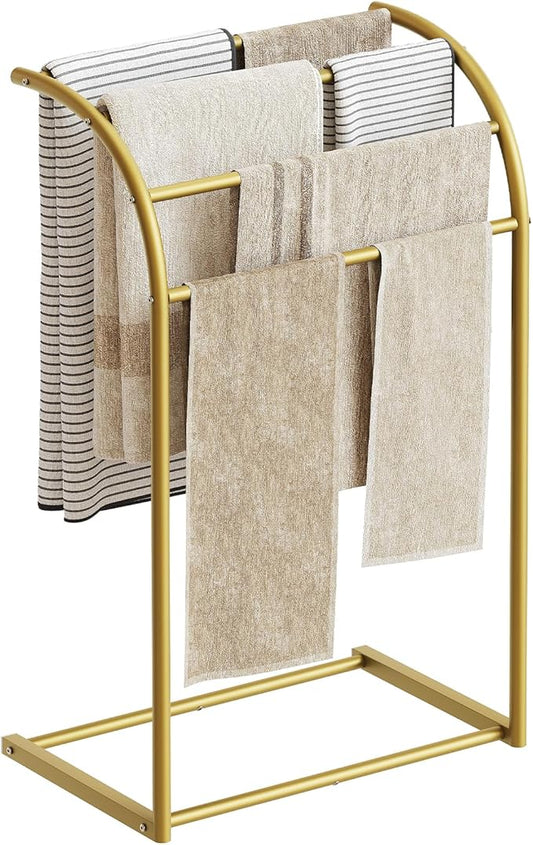 YATINEY Free Standing Towel Rack, 4-Tier Blanket Rack for Bathroom, Pool Towel Stand Display and Drying Rack, Modern Towel Blanket Storage Organizer, Gold CJ07GD