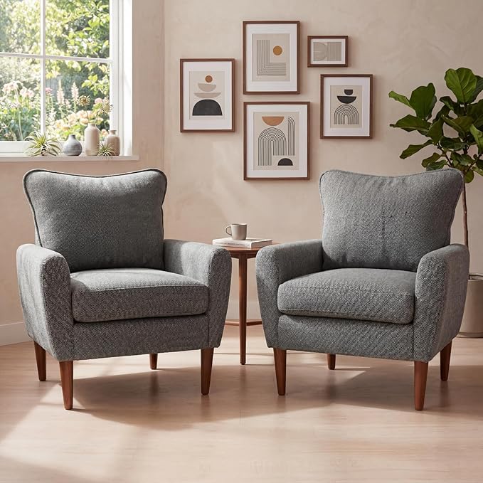 OLIXIS Comfy Accent Chair for Living Room Bedroom and Waiting Room, Upholstered Mid-Century Reading Chair with Pillow and Solid Wood Legs, Wide Singe Modern Lounge Sofa Gray, 2 Pack