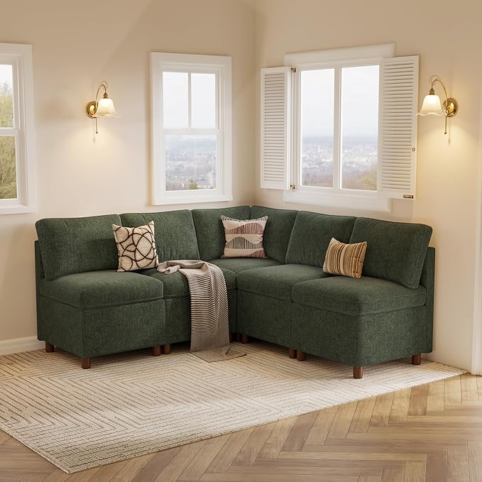 SITJOY Breakfast Nook Bench with Storage, Modular Corner Kitchen Banquette Seating, Dining Settee Couch, Upholstered Dining Bench with Back, Soft-to-Touch Fabric in Green, 5-Seat L Shaped Nook