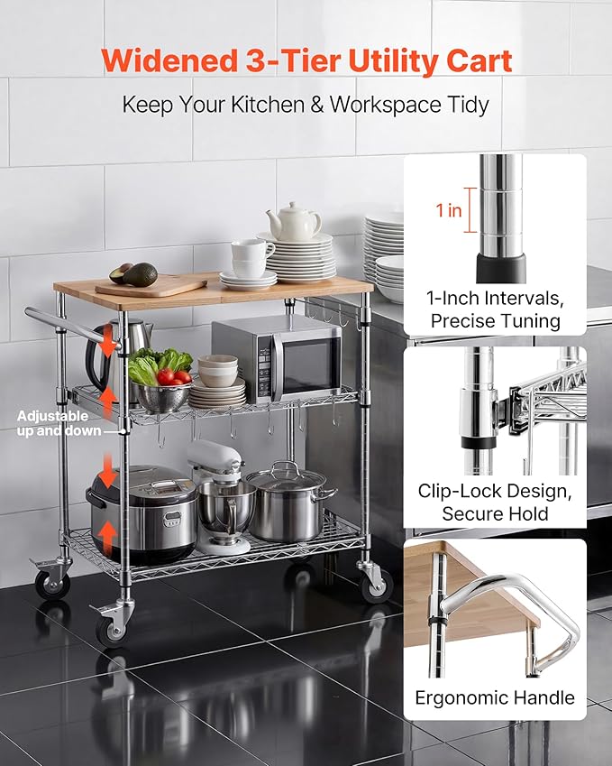 VEVOR Kitchen Utility Cart, 3 Tier Heavy Duty Adjustable Wire Storage Rack with Wood Tabletop and Handle Bar, Rolling Portable Service Trolley on Wheels, 661 lbs Steel Work Table, 30x18x36 in