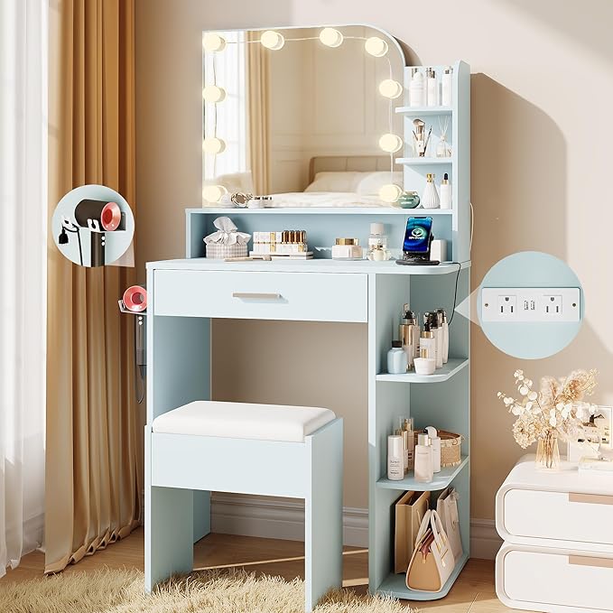 wanan Makeup Vanity with Chair, Small Vanity Desk with Mirror and Lights 3 Colors, Girls Vanity Set with Power Outlet, Compact Vanity Table for Small Space, Sky Blue