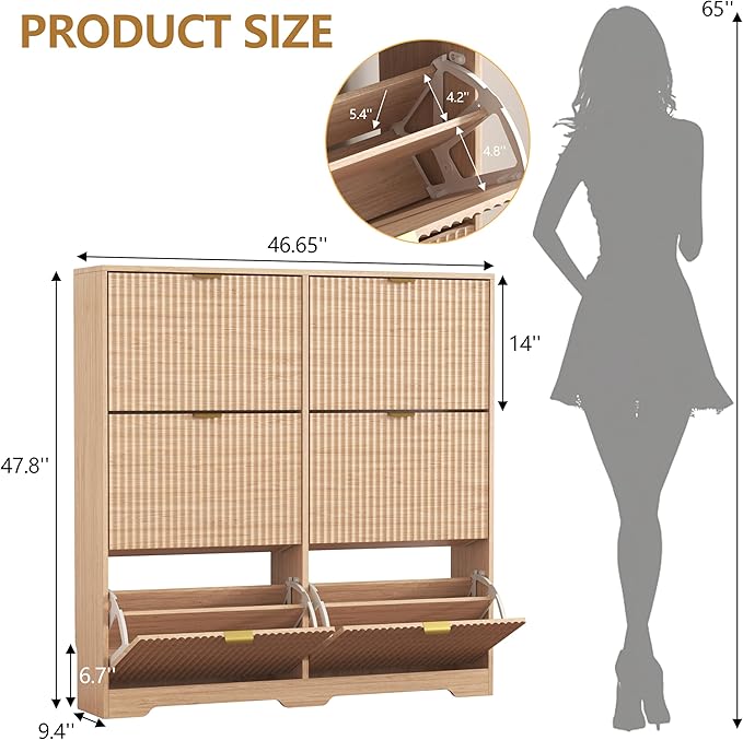 HUANLEGO Shoe Cabinet Storage for Entryway with 6 Flip Drawers, Oak Fluted Shoe Cabinet with Adjustable Shelves, Wooden Hidden Shoe Rack Freestanding Narrow Slim Shoes Storage for Hallway, Entrance