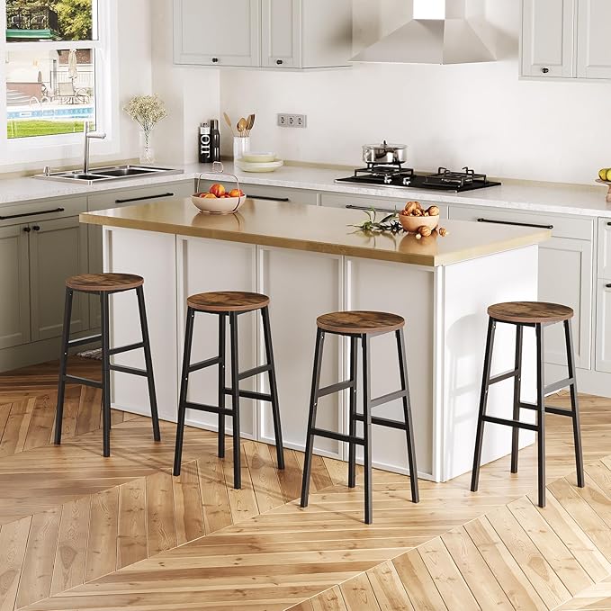 MAHANCRIS Bar Stools, Set of 2 Round Bar Chairs with Footrest, 28 Inch Kitchen Breakfast Bar Chairs, Industrial Bar Stools, Easy Assembly, for Dining Room, Kitchen, Rustic Brown BAHR02701