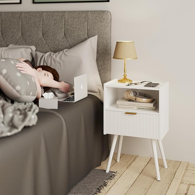 JOONEE White Nightstand,Modern Bedside Table with Storage Drawer and Open Wood Shelf, for Living Room, Bedroom and Small Spaces, Accent Night Stand with Solid Wood Legs, Easy Assembly,Classic White