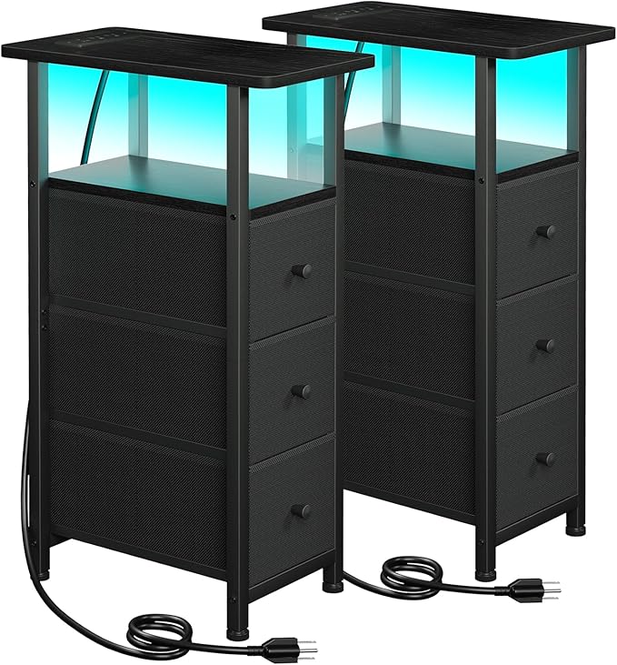 LOAKEKEL Narrow End Tables Living Room Set of 2 with Charging Station, Skinny Side Table with Fabric Drawers, Slim LED Nightstand for Bedroom, Small Spaces, Couch, Black, HETNDP03LBK