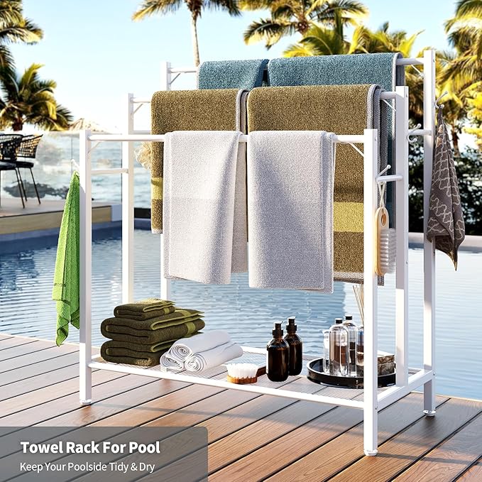 HavenlyYouth 3 Tier Free Standing Towel Rack, Pool Towel Rack with Metal Shelf for Outside, Blanket Drying Holder for Display and Storage in Bathroom, 35.8" H x 31.5" L x 11.8" W, White