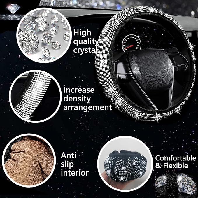 NBTEPEM 27 PCs Bling Car Accessories Set for Women, Steering Wheel Covers Universal Fit 15 Inch, Bling License Plate Frame, Bling Phone Holder, Bling Car Coasters (Silver Diamond)