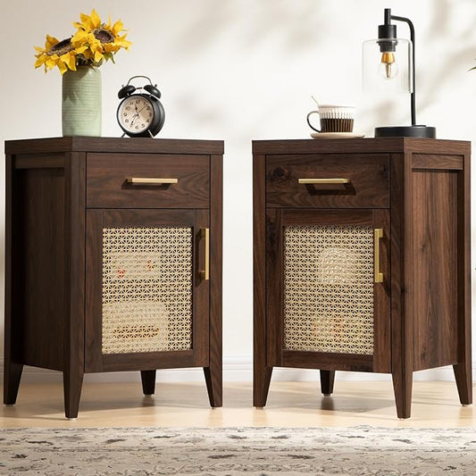SICOTAS Tall Nightstands Set of 2 with Drawer, Mid Century Modern Wooden Night Stand Rustic Bedside Tables with Storage, Vintage End Tables with Metal Mesh Door for Bedroom, Espresso Walnut