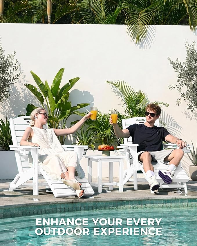 Adjustable Adirondack Chairs Set of 2 with Retractable Ottoman, HDPE Folding Adirondack Chair with Cup Holders, Weather Resistant for Backyard, Poolside & Fire Pit (White)
