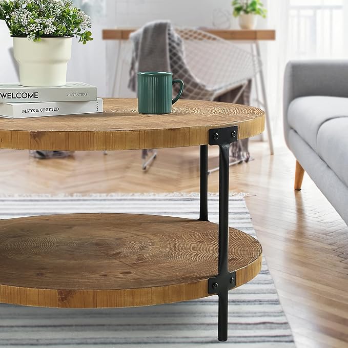 Awescuti Round Boho Wood Coffee Table - 29.1" Farmhouse Natural Circle Wooden 2-Tier Coffee Tables Living Room Furniture, 29.1" D x 18.3" H, Natural Wood Color