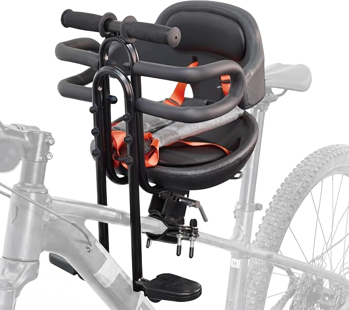 Kids Bike Seat with Guardrail and Thick Soft Padding, Front Mounted Child Bicycle Seat with Foldable Footrests for 0-3 Years Toddlers Bike Seat for MTB