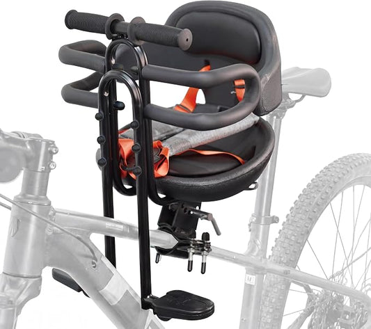 Kids Bike Seat with Guardrail and Thick Soft Padding, Front Mounted Child Bicycle Seat with Foldable Footrests for 0-3 Years Toddlers Bike Seat for MTB