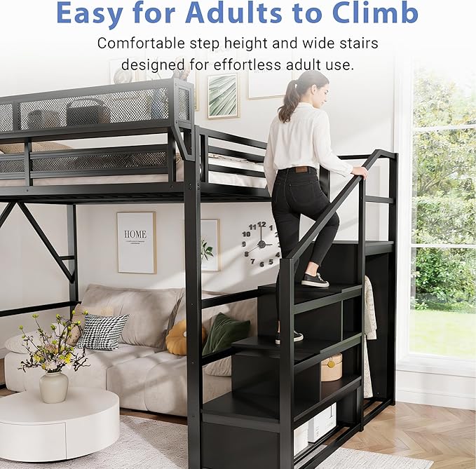 Mirightone Queen Size Loft Bed with Stairs and Storage, Metal Loft Bed Frame with Bedside Shelf and Large Under-Bed Space, Heavy-Duty Loft Beds for Adults Teens and Kids, Convertible Staircase, Black