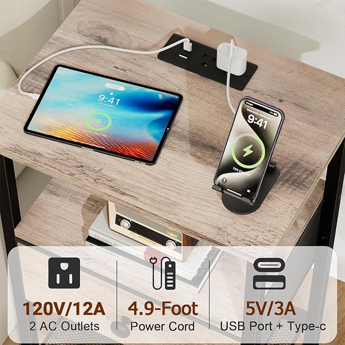 LOAKEKEL Night Stand, Nightstand with Charging Station, Slim Industrial Bedside Table with Fabric Drawer, Small End Table with USB & Type-C Ports for Bedroom, Grey, HETS010GY-1