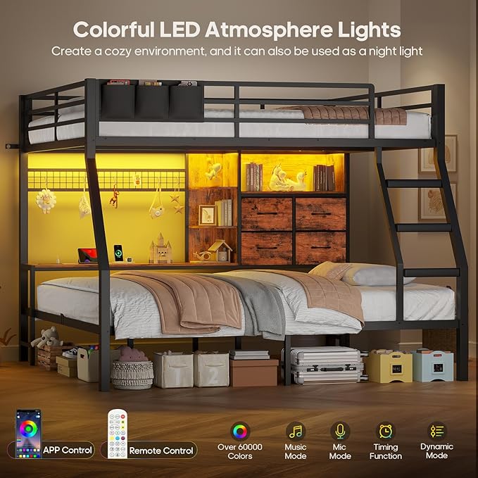 BTHFST Full Over Full Bunk Beds with 4 Storage Drawers & Shelves & Bedside Caddy, Bunk Bed with Charging Station & LED Lights, Full Size Bunk Bed with Safety Guardrail & Angled Ladder, Rustic Brown