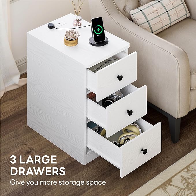 LIKIMIO Nightstand with Charging Station, Narrow Bedside Table with 3 Drawers, End Table with USB Ports and Outlets, Side Table for Living Room/Bedroom Modern